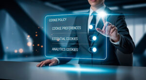 Man interacting with cookie policy for the concept of internet security and data protection.